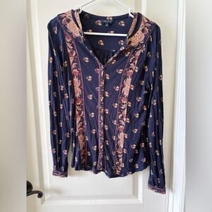 Lucky Brand Navy Floral Long-Sleeve Button Up Boho Blouse Small
